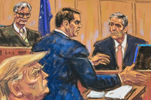 Michael Cohen is cross examined by defense lawyer Todd Blanche before Justice Juan Merchan, as former US President Donald Trump watches