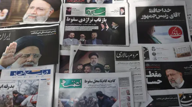 Iranian newspapers with pictures of the late Iran's President Ebrahim Raisi are laid out in Tehran, Iran May 21, 2024.