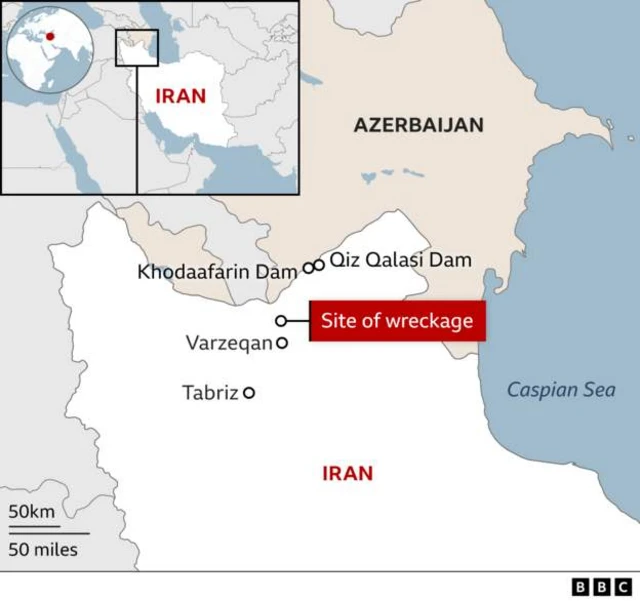 A map of the helicopter crash site is seen, with the Iranian cities of Tabriz and Varzeqan highlighted, with the wreckage site just to the north of both.