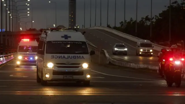 Emergency vehicles transport injured passengers from Suvarnabhumi Airport, to a hospital in Samut Prakan province, Thailand, 21 May 2024