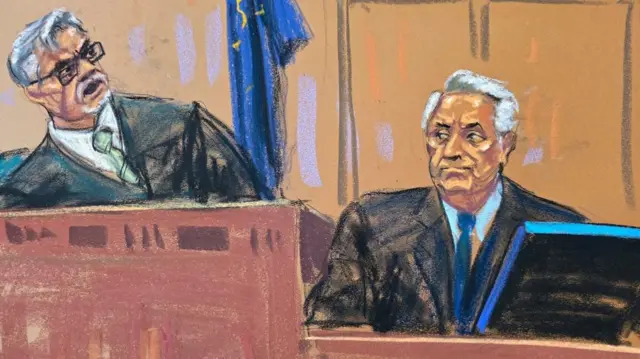 Court sketch showing Justice Juan Merchan angrily speaking at Robert Costello