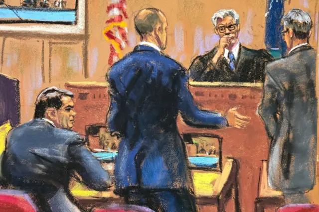 Former U.S. President Donald Trump's defense lawyers Emil Bove and Todd Blanche attend a charge hearing with prosecutor Matthew Colangelo before Justice Juan Merchan in a court sketch