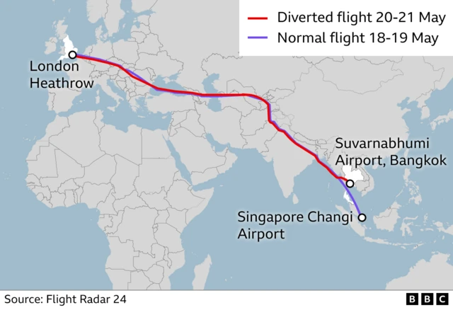 Map showing flight paths of diverted 20-21 May flight and an normal flight on 18-19 May