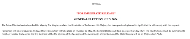 General election notice from 10 Downing Street