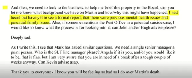 Screenshot of email from Paula Vennellsm a highlighted section reads: ". I had heard but have yet to see a formal report, that there were previous mental health issues and potential family issues"