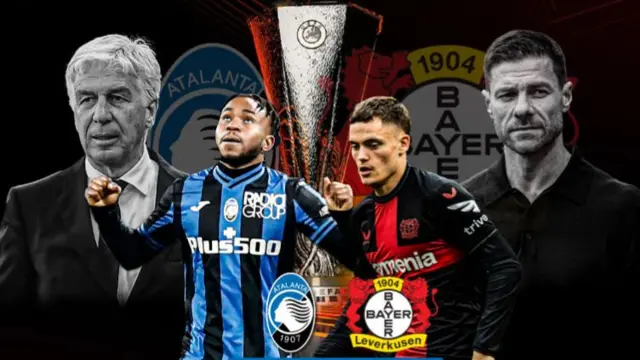 Graphic showing images of players and managers of Atalanta and Bayer Leverkusen