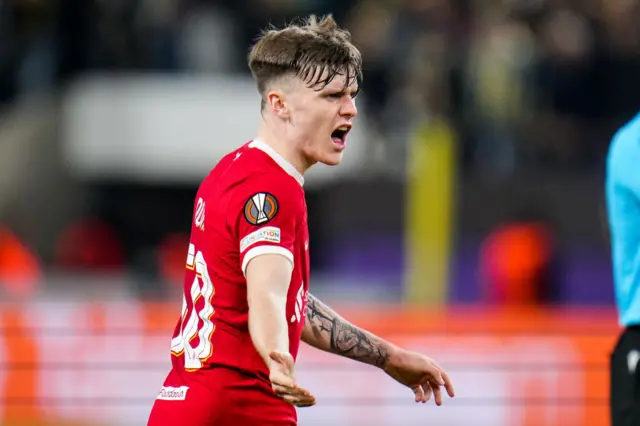 Ben Doak of Liverpool reacts during the UEFA Europa League Group E match between Royale Union Saint-Gilloise and Liverpool FC at the RSC Anderlecht Stadium on December