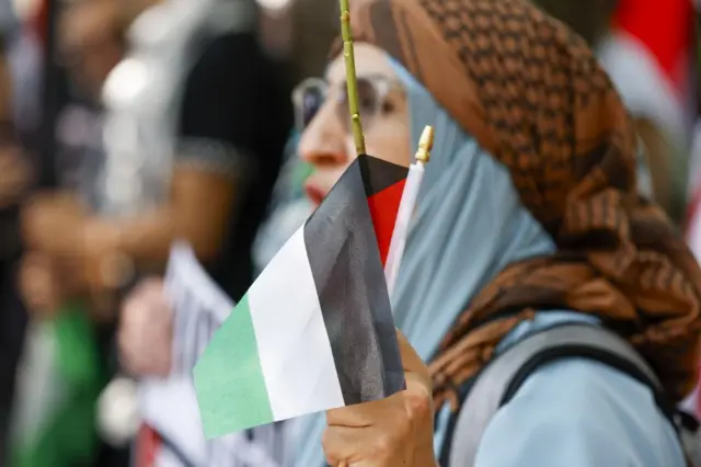 A woman with a Palestinian flag in Texas this week