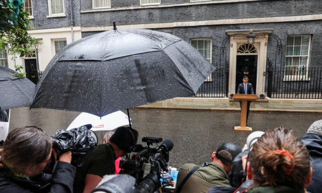 Rishi Sunak speaks to the media outside Downing Street as he announces a general election for 4 July