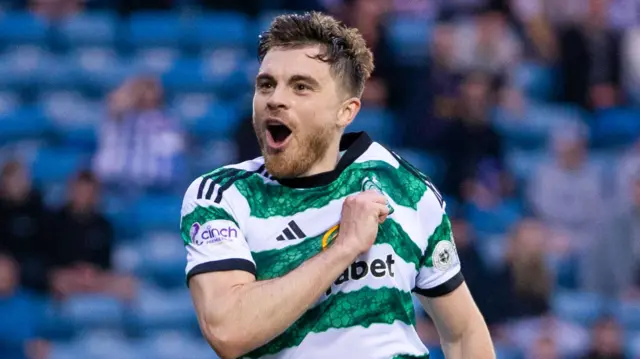 Celtic's James Forrest celebrates as he scores to make it 3-0 during a cinch Premiership match between Kilmarnock and Celtic at Rugby Park