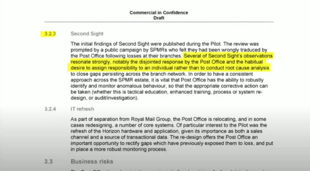 A screenshot from the Detica report with relevant lines highlighted, they read: ". Several of Second Sight's observations resonate strongly, notably the disjointed response by the Post Office and the habitual desire to assign responsibility to an individual rather than to conduct root cause analysis"