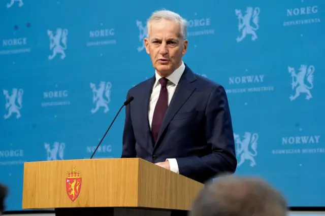 Norway's Prime Minister Jonas Gahr Store at the press conference in Oslo