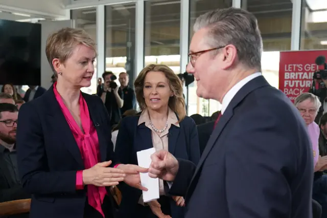 Labour Party leader Sir Keir Starmer, talks with new Labour MP Natalie Elphicke and shadow home secretary Yvette Cooper (left), during a visit to Dover, Kent on 10 May