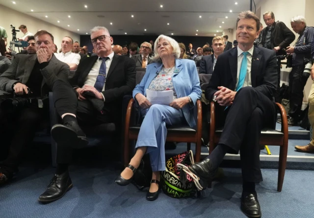 Lee Anderson, Ann Widdecombe and leader of Reform UK Richard Tice during a General Election campaign launch in Westminster, London.