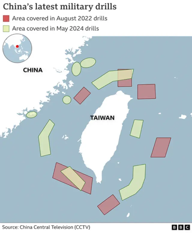 Location of China drills around Taiwan in 2024, compared to 2022