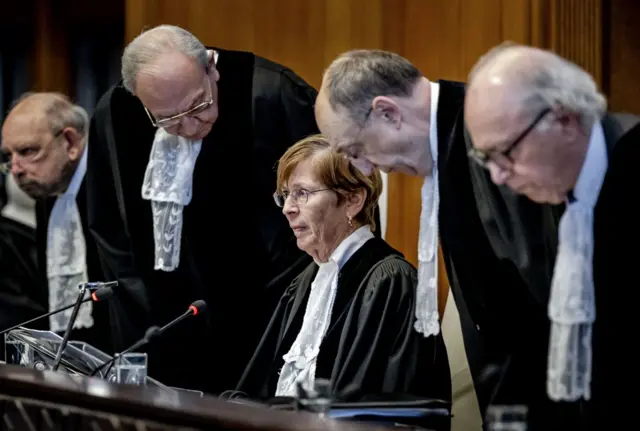 ICJ President Joan Donoghue sits surrounded by fellow judges, pictured from 26 January 2024