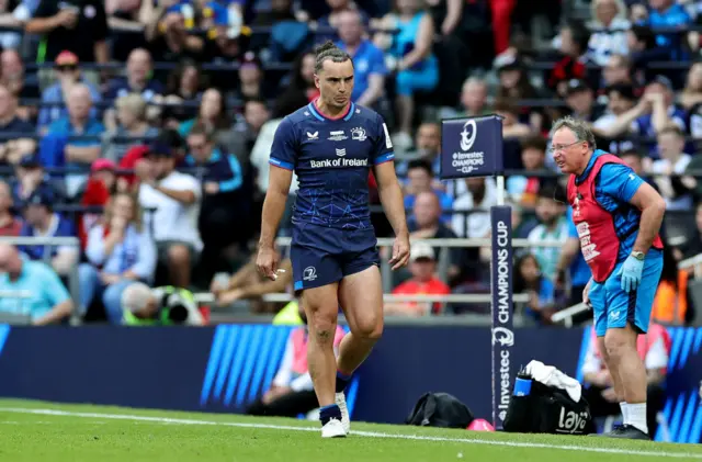 James Lowe of Leinster Rugby looks dejected as he leaves the field after receiving a yellow card