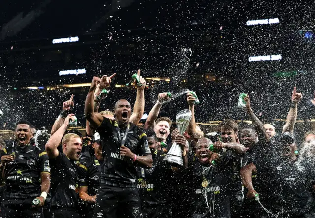 The Sharks celebrate their European Challenge Cup win last night