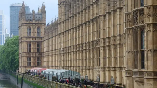 Parliament is seen from the outside with MPs gathering outside.