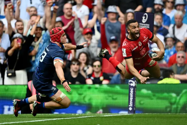 Matthis Lebel dives over the line to score their first try