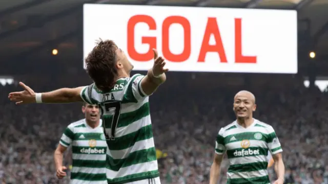 Jota celebrates his winning goal against Rangers at Hampden