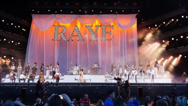 Raye on stage during the BBC Radio1 Big Weekend