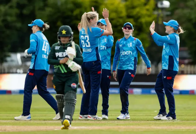 England celebrating a wicket against Pakistan in the first ODI