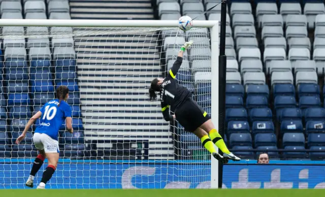 Hearts Goalkeeper Charlotte Parker-Smith makes a save  during a Scottish Gas Women's Scottish Cup match between Rangers and Heart of Midlothian at Hampden Park