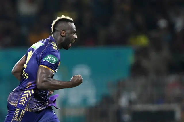 Andre Russell celebrates the wicket of Aiden Markram