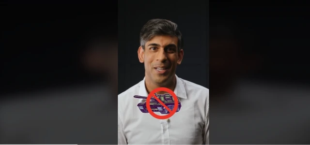 Screenshot of Rishi Sunak in Tik Tok video with a clip art of an army truck