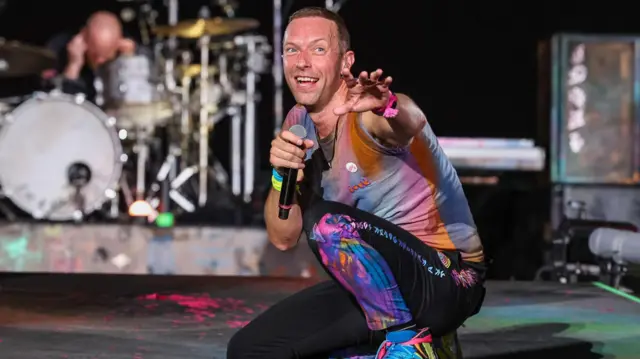 Chris Martin of British band Coldplay performs on stage during a concert of the 'Music of the Spheres' world tour, at Coimbra City Stadium, Coimbra, Portugal, 17 May 2023