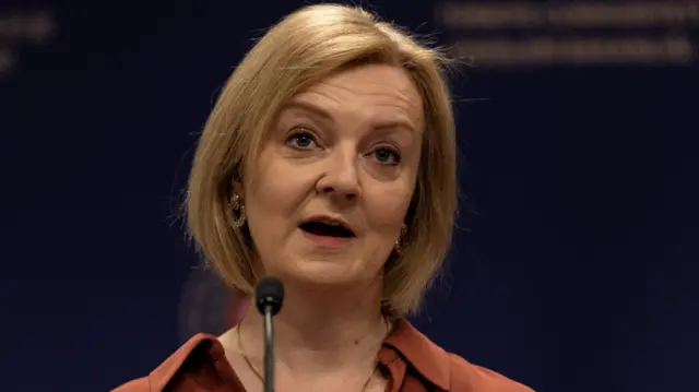 Liz Truss speaks into a microphone