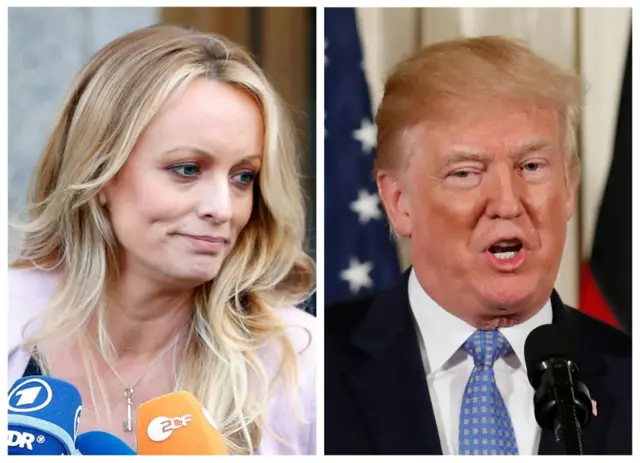 A combination photo shows Adult film actress Stephanie Clifford, also known as Stormy Daniels speaking in New York City, and U.S. President Donald Trump speaking in Washington, Michigan, U.S. on April 16, 2018 and April 28, 2018 respectively