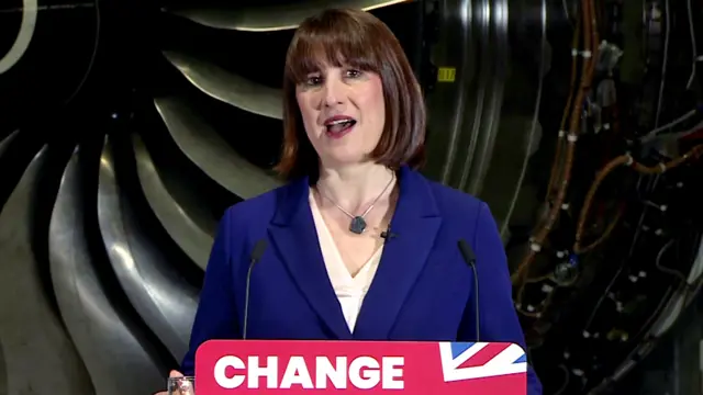 Rachel Reeves standing in front of a lectern which says 'change'