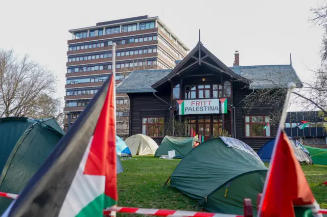 A pro-Palestine tent encampment on the campus of the University of Oslo