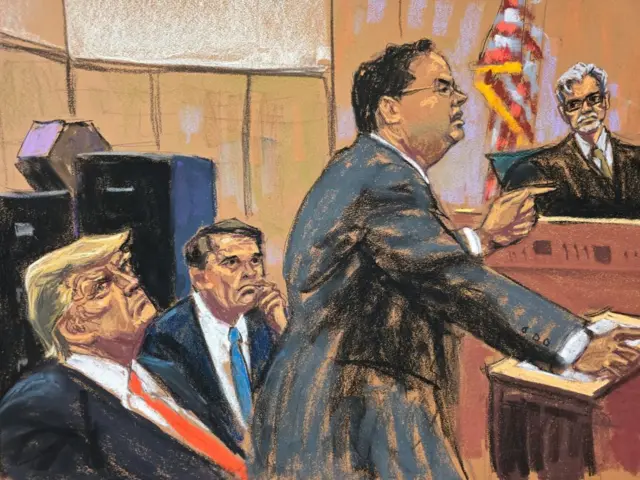 A courtroom sketch shows New York prosecutor Joshuan Steinglass presenting his closing arguments, while Donald Trump, Todd Blanche, and Justice Juan Merchan look on