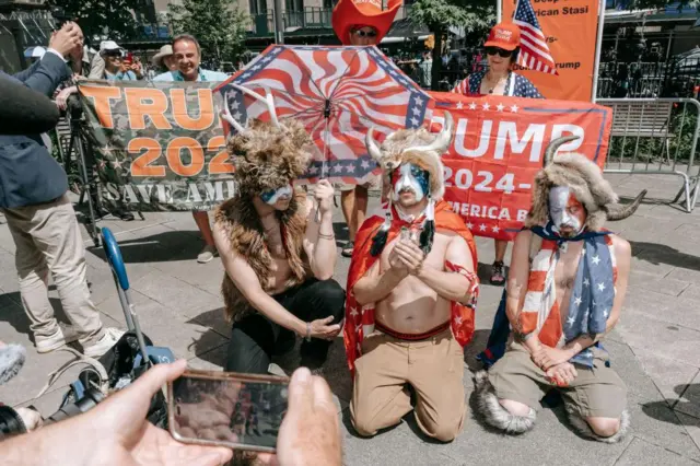 Self-described shamans perform a ceremony to bless Donald Trump outside the courthouse during former US President Donald Trump's criminal trial at the New York State Supreme Court in New York, New York, USA, 28 May 2024.