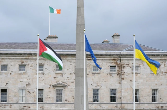 The flag of Palestine (left) flying outside Leinster House, Dublin