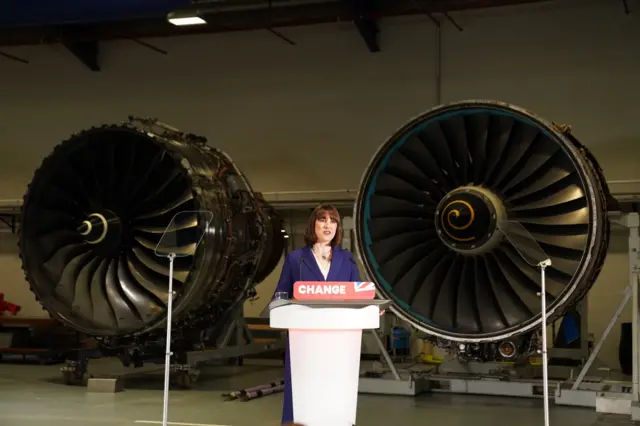 Shadow chancellor Rachel Reeves delivers a speech during a visit to Rolls-Royce in Derby