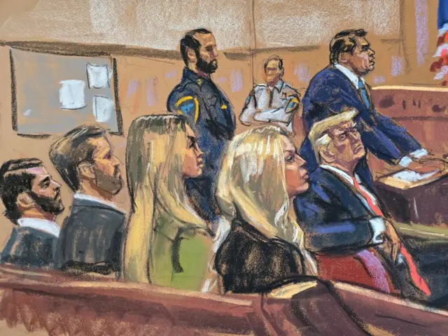 A courtroom sketch shows Donald Trump sitting in court with his children (R-L) Tiffany Trump, Ivanka Trump, Eric Trump and Don Trump Jr sitting behind him. His lawyer Todd Blanche speaks while court officers look on.