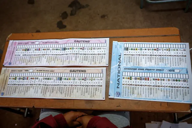 Ballot papers for the regional, provincial and national elections are seen at Hitekani Primary School polling station in Soweto on May 29, 2024, during South Africa's general election.