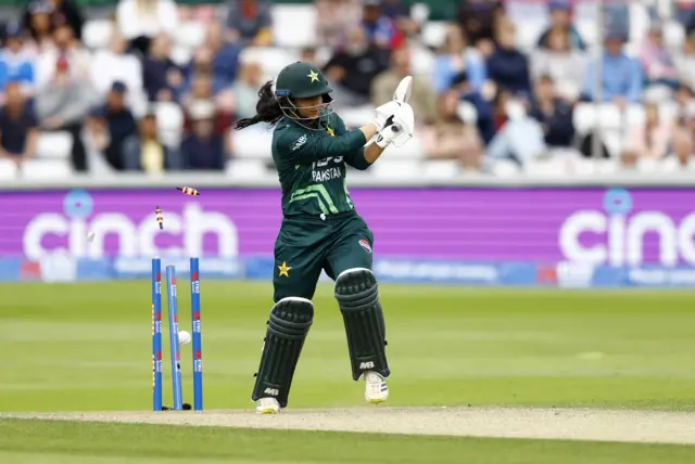 Sadaf Shamas is bowled by Lauren Bell