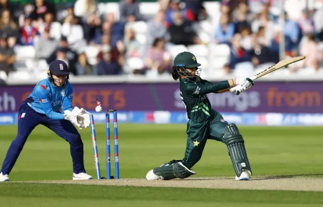 Pakistan's Najiha Alvi is bowled by England's Nat Sciver-Brunt