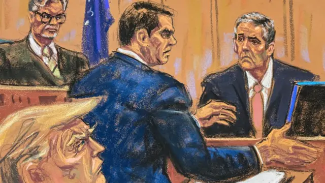 Michael Cohen is cross examined by defence lawyer Todd Blanche before Justice Juan Merchan, as former U.S. President Donald Trump watches during Trump's criminal trial on charges that he falsified business records to conceal money paid to silence porn star Stormy Daniels in 2016, in Manhattan state court in New York City, U.S. May 20, 2024 in this courtroom sketch.