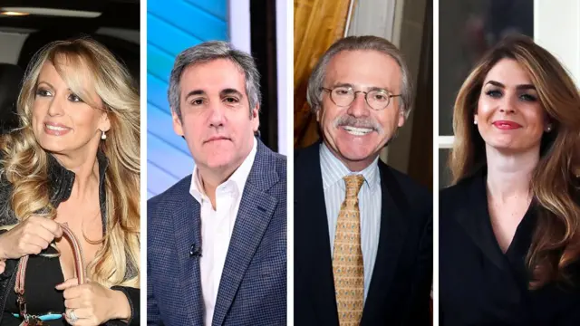 Headshots of Stormy Daniels, Michael Cohen, David Pecker and Hope Hicks