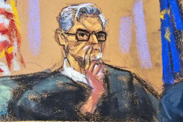 Courtroom sketch of Justice Juan Merchan in New York City