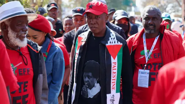 Malema wears a Palestinian scarf as he waits to vote