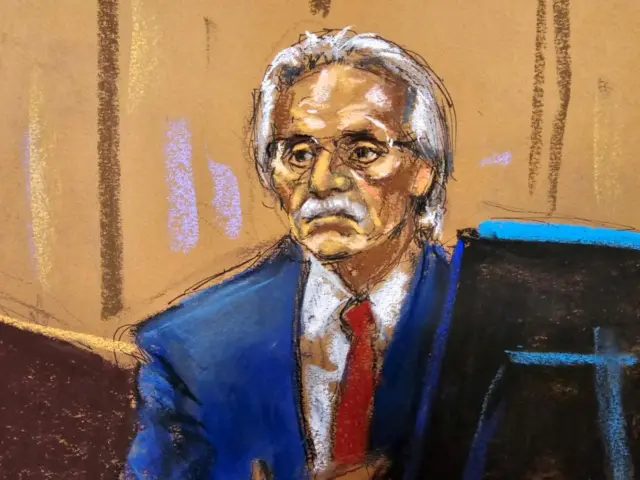 A court sketch shows David Pecker on the stand in a New York court