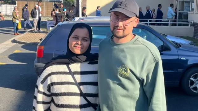 First-time voter Mariam Bibi Ebrahim and Abdurahman Majal after casting their vote at College of Cape Town in Athlone