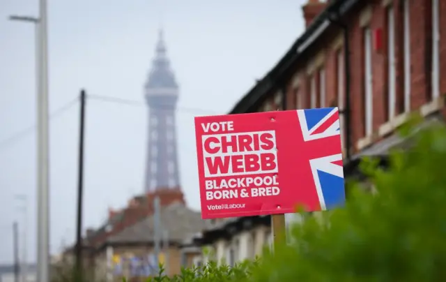 Labour sign in front of Blackpool tower